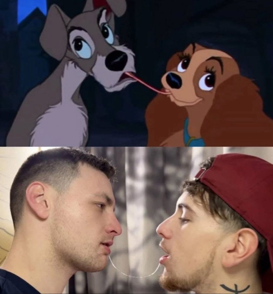 2 men recreating lady and the tramp noodle scene 