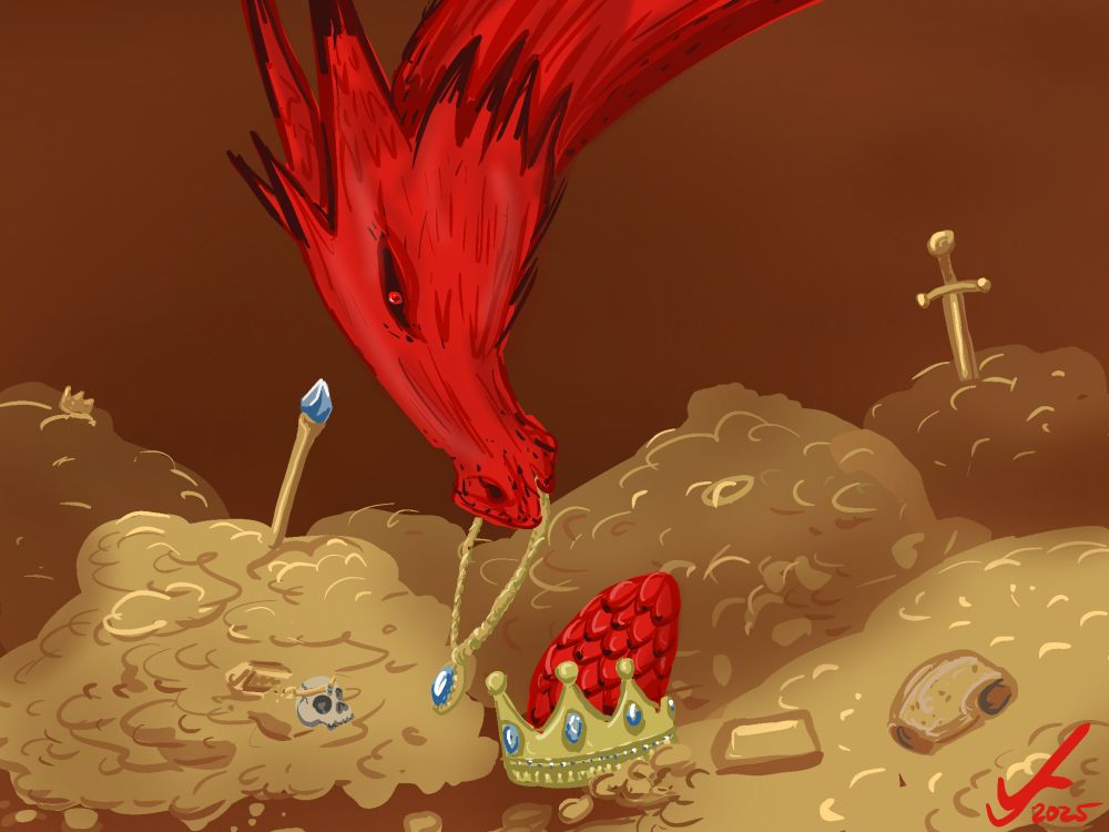 A cave filled with golden coins and treasure. In the middle lays a red egg with scales inside a golden crown. A big red dragon bends down to put a golden necklace on the egg.