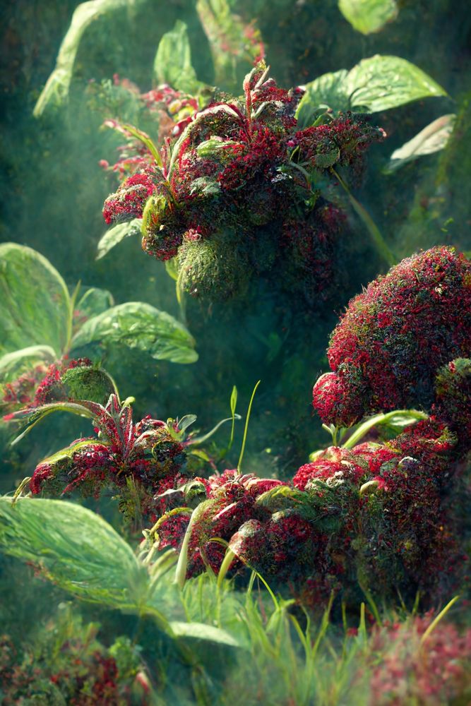 Lush garden scene featuring vibrant red amaranth or celosia flowers with their distinctive feathery, plume-like blooms scattered throughout green foliage. The crimson flower heads have a rich, velvety texture and are surrounded by broad green leaves and smaller plant growth. Soft, dappled lighting filters through the scene, creating a dreamy botanical atmosphere with gentle depth of field effects. The composition captures the wild, abundant nature of this ornamental garden where the striking red blooms create dramatic pops of color against the verdant backdrop of mixed vegetation and grasses.