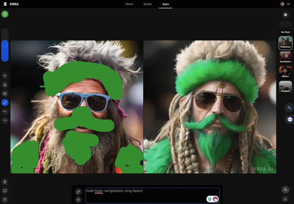 a screenshot of the AI tool krea.ai showing on the left an image where some areas are painted over, below a textarea with the prompt "male hippi, sunglasses, long beard" and on the right a live generated image from the various inputs left and below. 