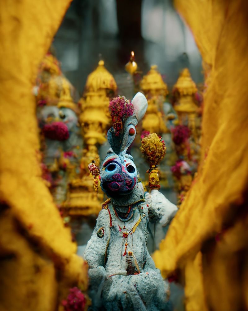 Devotional temple scene featuring a blue-skinned deity figure adorned with traditional ornaments and garlands, surrounded by golden temple spires and decorative elements. The central figure wears ceremonial attire with detailed jewelry and is decorated with colorful flower garlands in magenta and yellow. Yellow fabric drapes frame the composition on both sides, creating a sacred altar-like setting. The textured surface of the deity and the elaborate temple architecture in the background showcase intricate craftsmanship, while the shallow depth of field draws attention to the main figure. The rich color palette of blue, gold, and magenta creates a vibrant spiritual atmosphere typical of Hindu temple worship spaces.