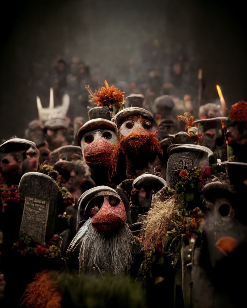 Haunting cemetery scene where whimsical puppet-like creatures with large eyes and textured fur have taken residence among weathered gravestones. The beings, resembling friendly monsters or muppets, peek out from behind tombstones adorned with autumn flowers and foliage. Their fuzzy orange and brown textures contrast with the somber gray headstones, creating an unexpectedly charming atmosphere in what would typically be a solemn setting. The misty, atmospheric lighting and depth of field give the image a dreamlike quality, transforming the graveyard into a fantastical gathering place for these endearing otherworldly inhabitants.