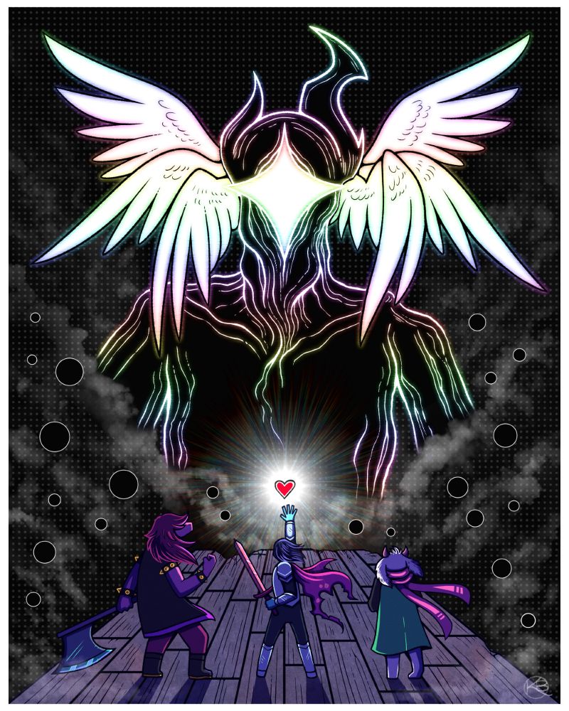 Deltarune fanart. From left to right, Susie, Kris, and Ralsei stand with their backs to the viewer facing a titan in a battle ready position. Kris is reaching their right hand toward the heart shaped soul, which glows with a bright light and casts long shadows. The titan is surrounded by dark clouds and silhouetted in glowing white and rainbow hues. 