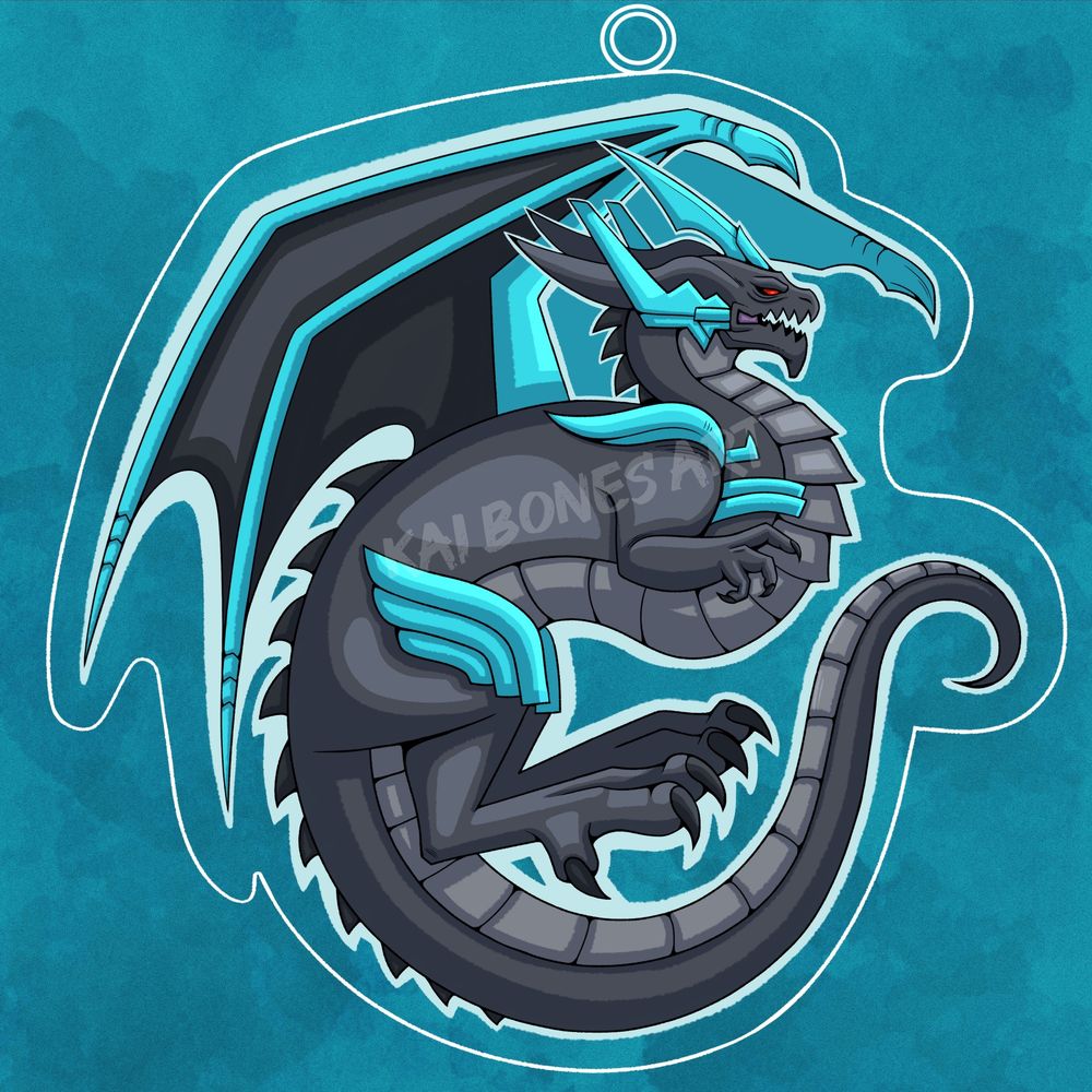 An acrylic charm design featuring the primal, Bahamut, from Final Fantasy 14. He is a black dragon with red eyes and this side features teal accents. 