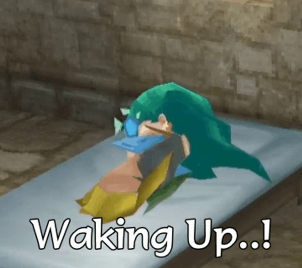 a video game character is laying on a bed with the words waking up written on it