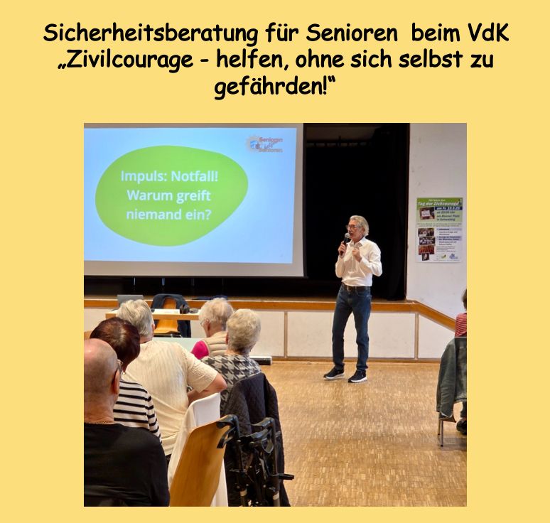 Zivilcourage-Vortrag beim VdK. Harald Damskis, im Hintergrund Präsentation: Impuls - warum greift niemand ein? Im Vordergrund: Teilnehmende am Info-Nachmittag.