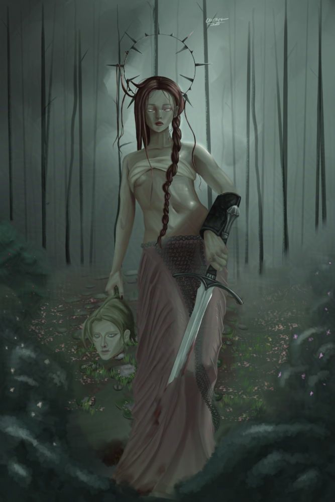 A woman emerging from a forest. She's clothed in a wrap around her breast's, a long flowing skirt in a pinkish tone and wearing a chainmail skirt with a single bracer. In one hands she holds a bloodied, broken sword, in the other the decapitated head of a blonde man. 

One side of her long red hair is braided while the other is loose and tangled among her crown or halo that is studded with spikes. The knuckles on her sword had are bloody and bruised, and her skirt is stained with blood. 

In contrast the environment around her is serene, if not a bit spooky. The landscape is dotted with flowers and deep green hues. 