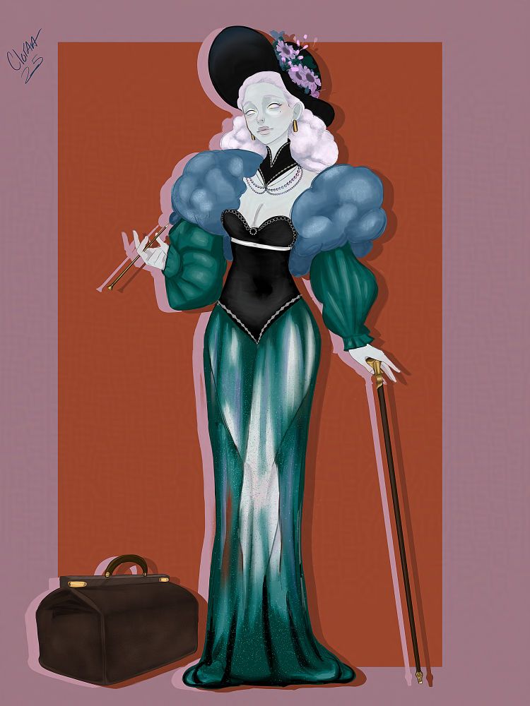 Digital art of a tall woman with pale skin and alabaster eyes. Her hair is a light pink and faintly resembles and cloud. She's wearing a vintage dress inspired by the silhouette of the early 1900s and 1910s. She's wearing a fluffy, deep blue cloud like boa. Her long sleeves are green and puffy and taper at the wrist. There's a black body con corset like top with a sweet heart neckline which is studded with crystals along the bust and hip line before giving way to a sheer skirt in the same deep green color as the sleeves that pools at her feet. She has a black wide brimed hat with flowers along the belt and she has a cane in one hand and a vintage cigar holder in the other. Next to her is a boxy vintage suitcase