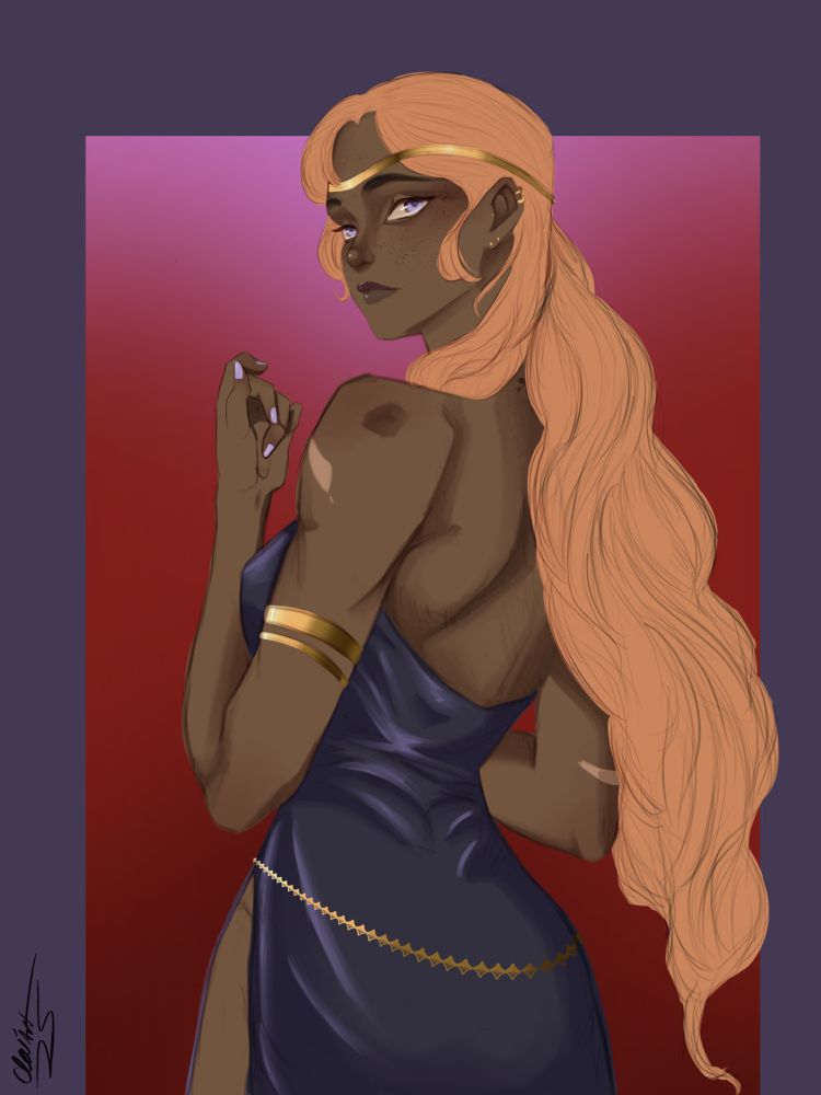 A tall woman with a deep skin tone wearing a strapless blue dress with a low back and a high slit at the thigh. Her hair a a strawberry blonde and wavey, falling past her lower back. She wears an array of golden jewlary such a a belt, arm bands, earrings and a circlet.  She has her back turned to the viewer and is looking over her shoulder. 
