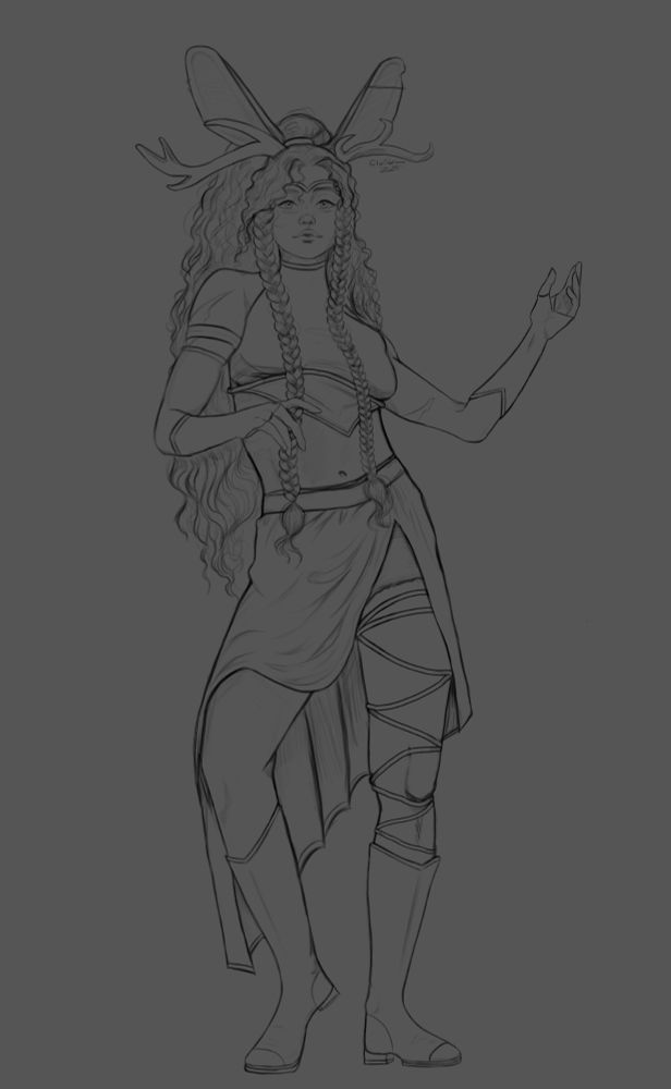 A sketch of a woman with rabbit ears and antlers. She's wearing a halter top that crops at her mid section and is secured by a rope u der the bust. Over her legs she wears a half open skirt, revealing most of her thigh. One leg is bare, with the pant leg cut off at the thigh and rope wrapped around the leg. The other leg is devoid of rope and the pant leg is fully intact. Her boots come up just below the knee and have a vee shape and her gloves are a similar style. She has very long curly hair that is tied up in a pony tail, and two twin braids that come down over her shoulders and chest. 