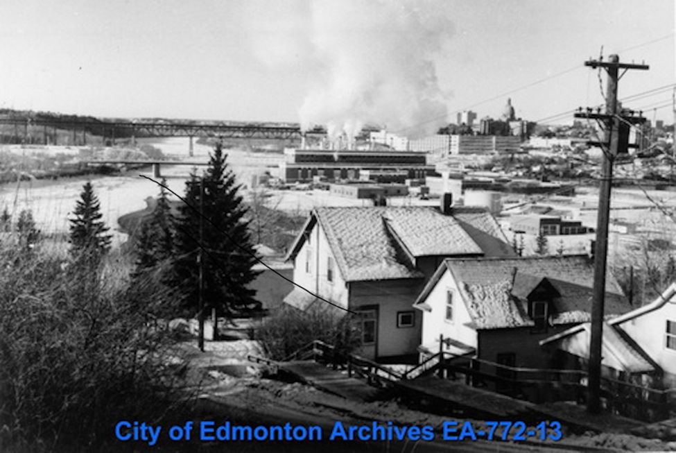 Crouch, Eric Ramsey, “Edmonton - River Valley,” c.1957, City of Edmonton Archives CA EDM MS-1171-EA-772-13.  Taken from the top of the riverbank northeast of downtown. The Alberta Provincial Government Legislature Building and High Level Bridge are in the background.