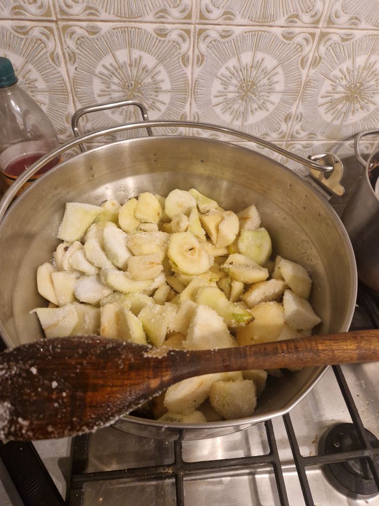 Another big pot of peeled pears, with sugar and cloves. Yum!