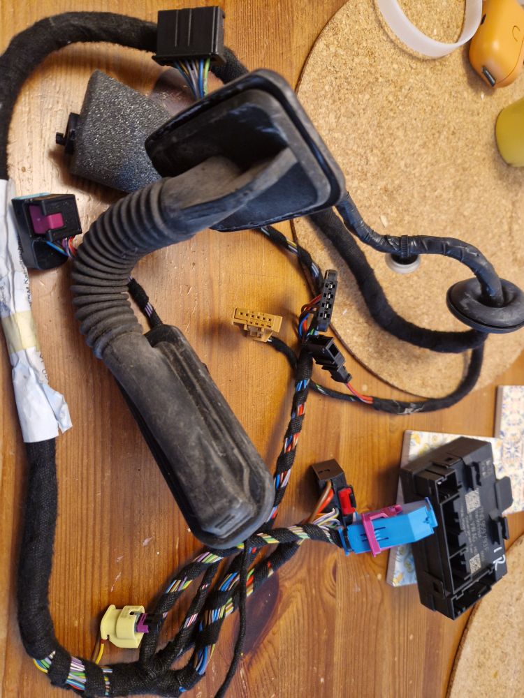 A car door wiring loom, all wires and connectors and gubbins, on a kitchen table.