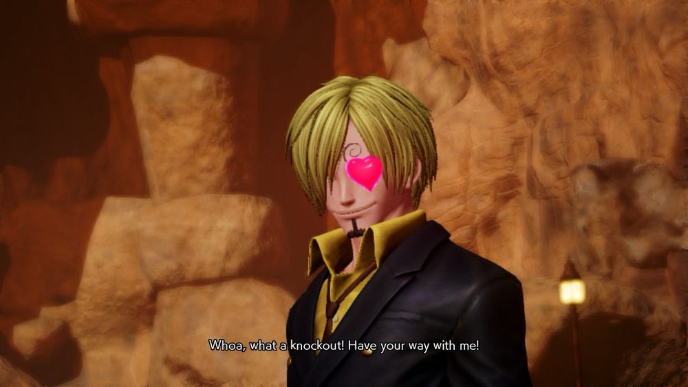 Sanji from One Piece has a heart in his eye and he says: "Whoa, what a knockout! Have your way with me!"
