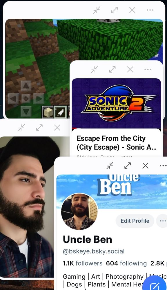 A screenshot of a bunch of apps that are opened in multitasking mode. One window has minecraft open, another window has City Escape from the sonic adventure 2 soundtrack playing, another with my bluesky profile, and finally a selfie of me starting into the void. 