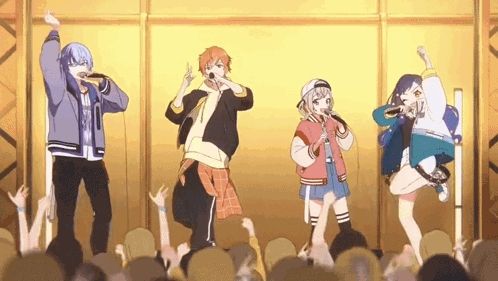 a group of anime characters singing into microphones on stage