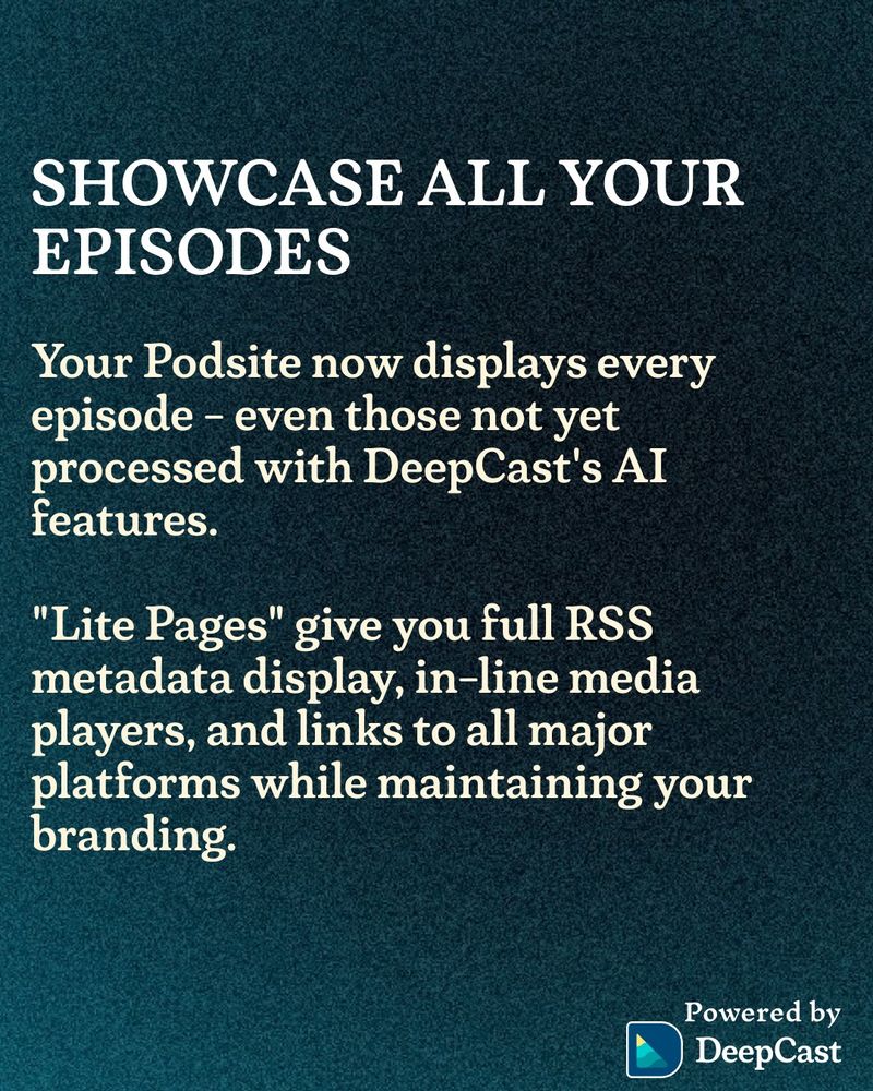 Another promotional slide with the same teal/blue background titled "SHOWCASE ALL YOUR EPISODES." It describes how a user's Podsite displays all episodes, including those not yet processed with DeepCast's AI features. It also mentions "Lite Pages" that provide full RSS metadata display, in-line media players, and links to major platforms while maintaining branding. The DeepCast logo appears in the bottom right.