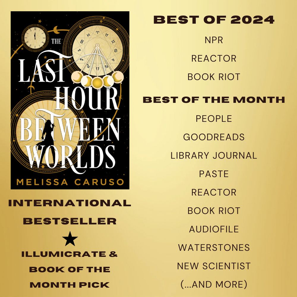 A graphic showing the cover of The Last Hour Between Worlds and a bunch of publications that called it best of the year or best of the month