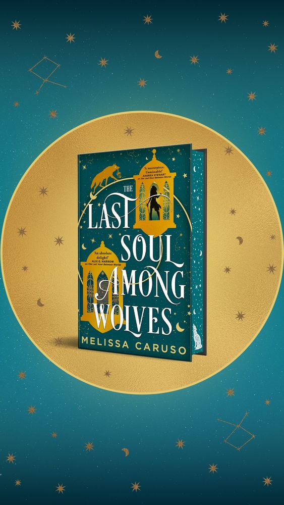 A graphic showing the design of the Waterstones special edition of THE LAST SOUL AMONG WOLVES, with sprayed edges featuring a stars and wolf design
