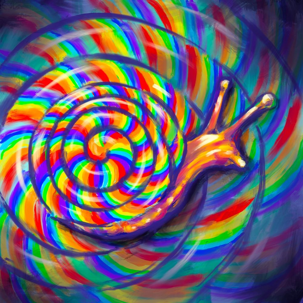 A painting of a snail with a shell that looks like a giant rainbow lollypop, filling the field of vision and extending to who knows where. 

Accompanied by the following poem: 

Fatigue


Anything that can't
go on forever
won't. 

It feels like a crisis 
until you burn out
the part that worries.

When babies grow up, 
old dreamcatchers, too full, 
are buried,

and while their former owners sleep
grow into rainbow snails
whose shells spiral outward, not in.