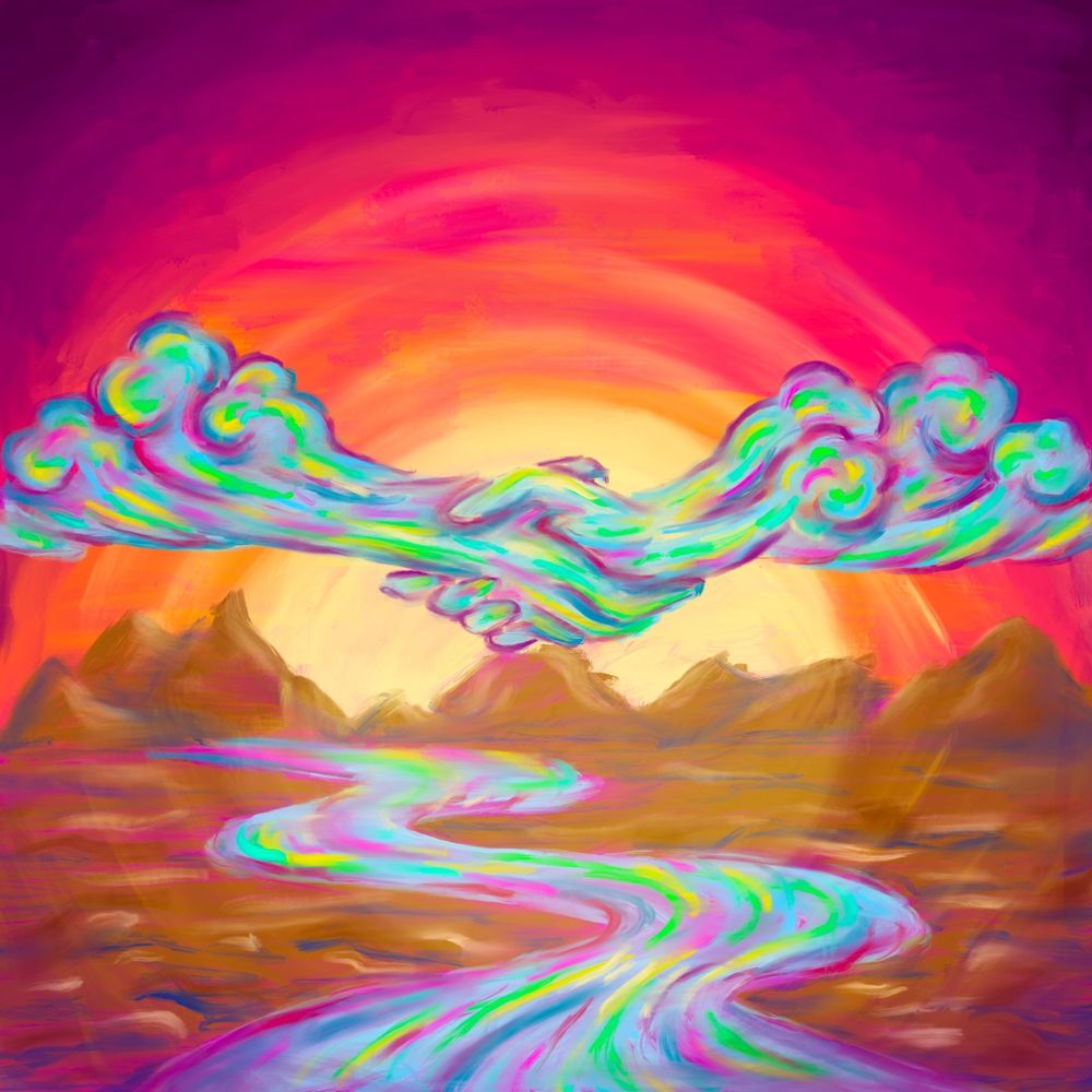 Painting of rainbow clouds shaking hands over a rainbow river, cutting through the mountains and empty land away from a red setting sun. 

Accompanied by the following poem: 

Nova


After a star has lived its life
and run out of nuclear spirit,

after its atmosphere thins out 
and its heart falls in upon itself,

after it explodes in all colors of the
rainbow and beyond,

diffuse rivers of its flesh pool
and form sunset clouds lightyears across. 

Atoms from the star, in its grave,
encounter each other 

one by one, maybe with refugees from
another stellar wake

and shake hands, come together, make
rocks and dirt, build houses, and eventually
sunflowers.