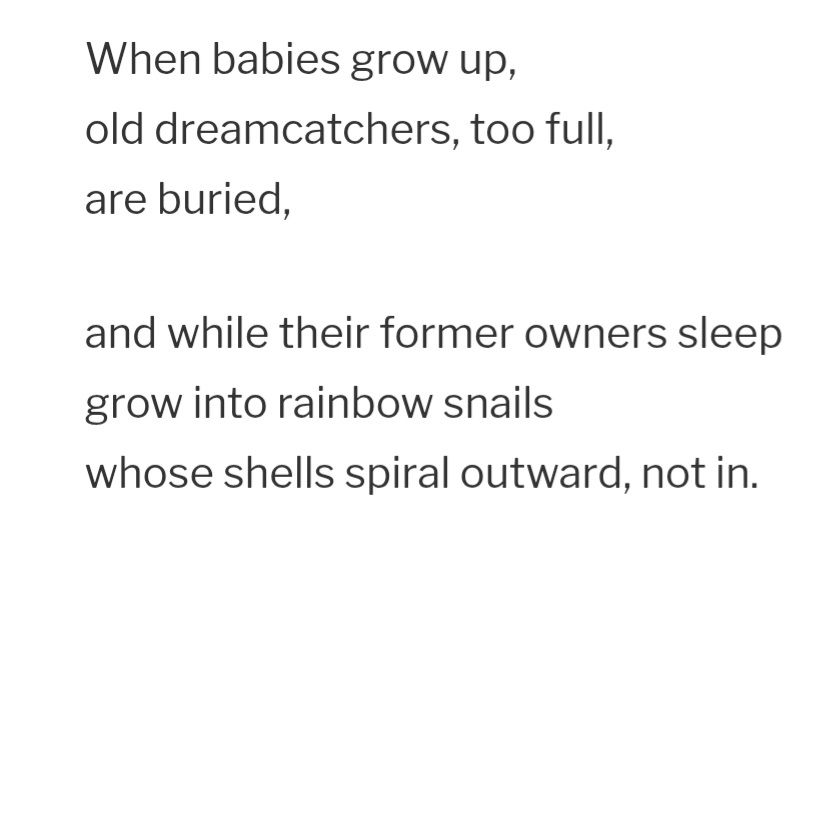 A painting of a snail with a shell that looks like a giant rainbow lollypop, filling the field of vision and extending to who knows where. 

Accompanied by the following poem: 

Fatigue


Anything that can't
go on forever
won't. 

It feels like a crisis 
until you burn out
the part that worries.

When babies grow up, 
old dreamcatchers, too full, 
are buried,

and while their former owners sleep
grow into rainbow snails
whose shells spiral outward, not in.