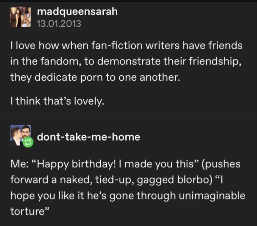 
I madqueensarah

I love how when fan-fiction writers have friends in the fandom, to demonstrate their friendship, they dedicate porn to one another.
I think that's lovely.


dont-take-me-home

Me: "Happy birthday! I made you this" (pushes forward a naked, tied-up, gagged blorbo) "| hope you like it he's gone through unimaginable torture"