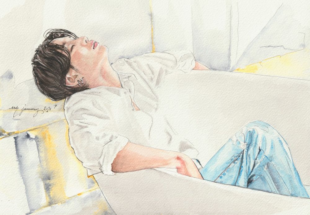watercolour painting of Min Yoongi sitting fully clothed in a bath with his head thrown back