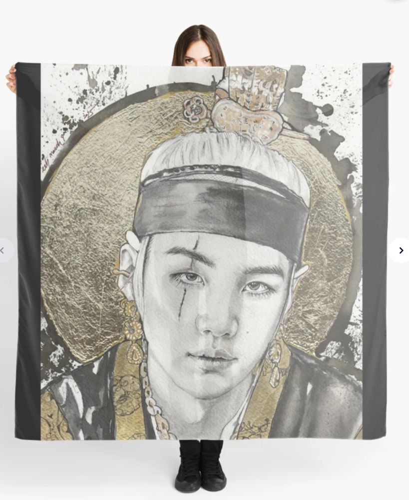 Picture of gold leaf painting of Daechwita Min Yoongi on a scarf