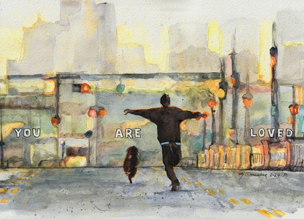 Watercolour painting of Jin and a dog running along a city street at dusk with the words "you are loved" across the scene