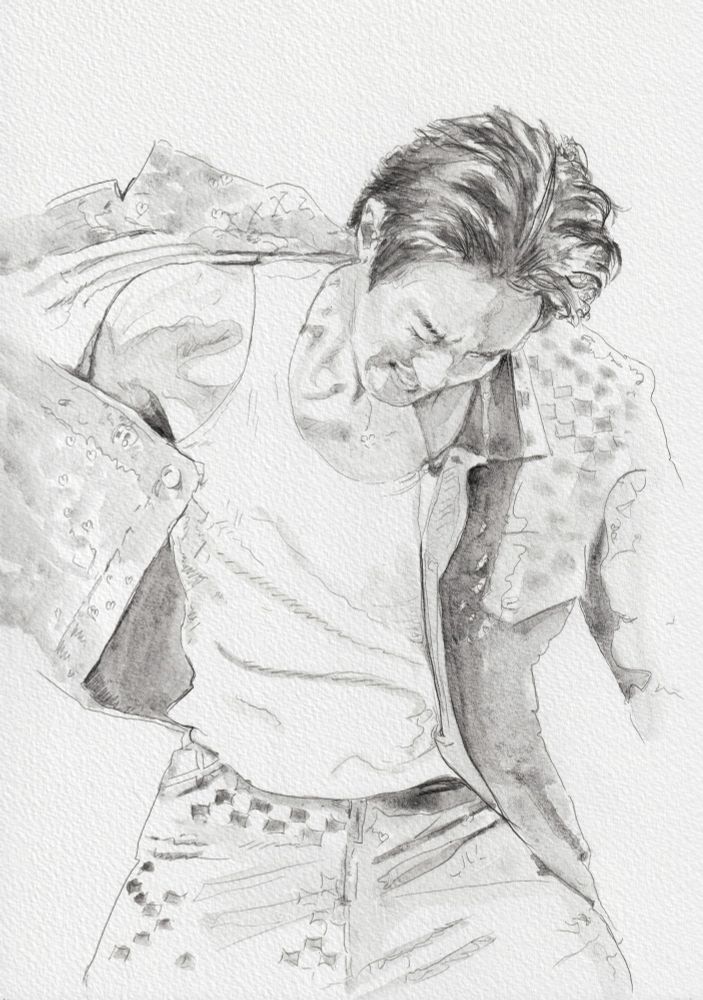 Partially completed graphite painting of Kim Seokjin dancing on stage with his jacket falling off one shoulder. He is looking down with an intense expression on his face.