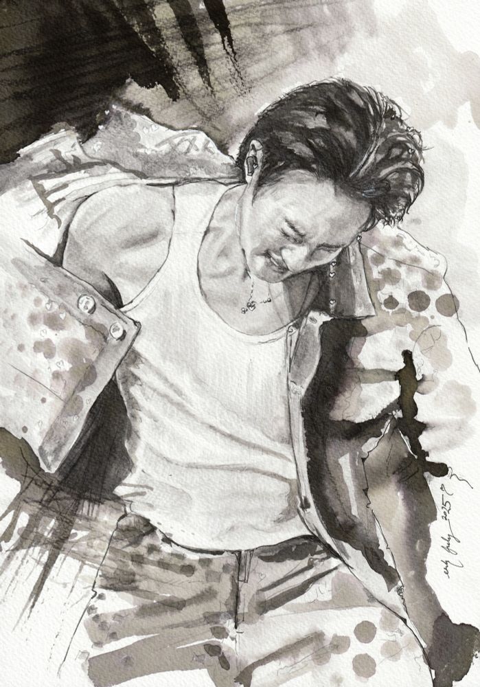 Graphite and ink painting of Kim Seokjin performing Running Wild on stage in Anaheim. His face is pointed down with an intense expression and one shoulder is exposed.