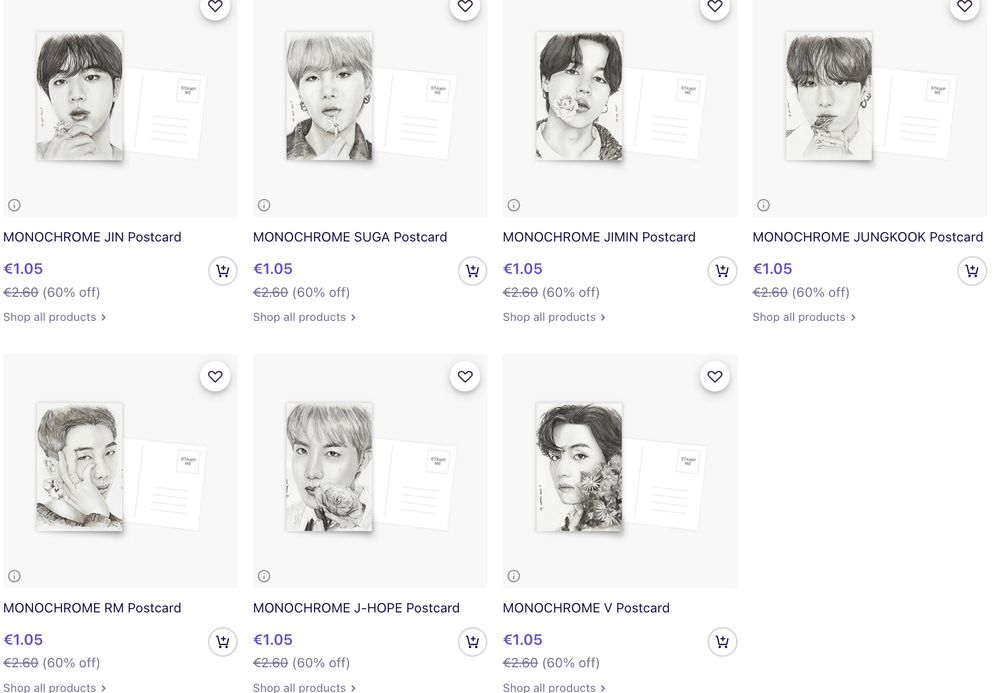 Screenshot of the 7 art postcards mentioned as displayed on my Redbubble shop