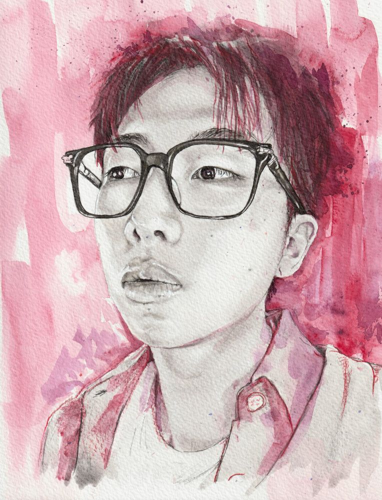 Watercolour and ink painting of Kim Namjoon wearing glasses, looking off to the side