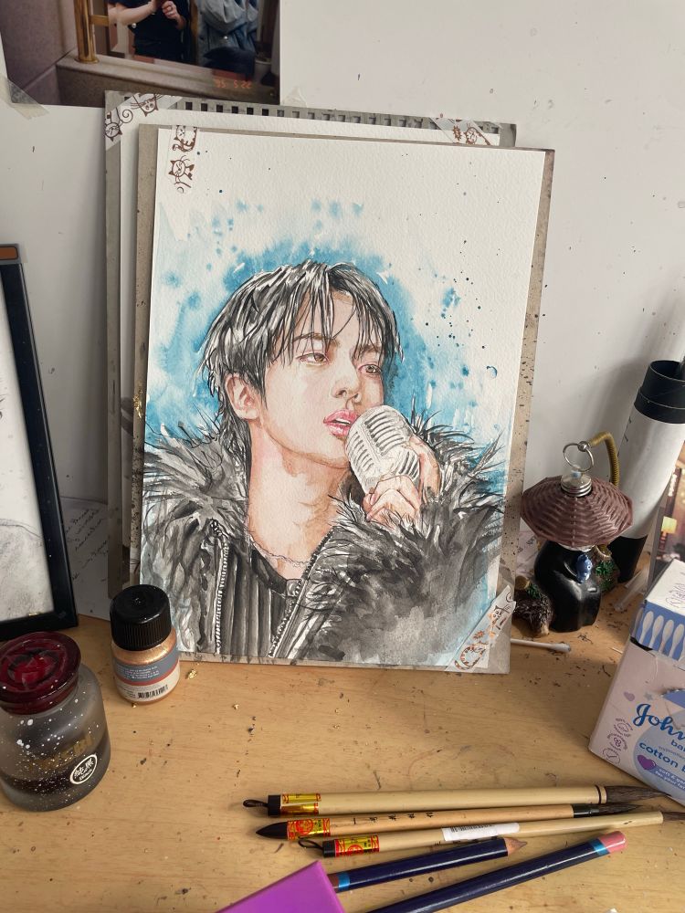 Watercolour painting of Jin with a floofy coat 
