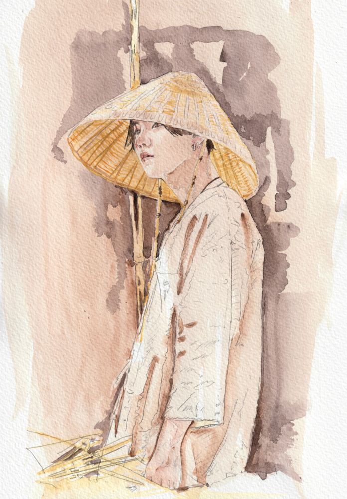 Partially complete watercolour painting of Min Yoongi in the Daechwita MV