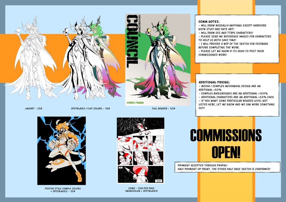 A commissions sheet displaying prices for artwork based on style and level of completion. 

Lineart - 25$
Spotblacks / Flat Colors - 35$
Full Render - 50$

Poster Art Style - 35$
Comic - 45$ per page

