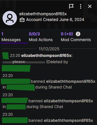 A screenshot of a Twitch moderator view showing one of three ban evasion accounts that stalker Meow Meow bought to stalk and harass streamers, after the account was banned. Streamer and moderator names are censored out for privacy.