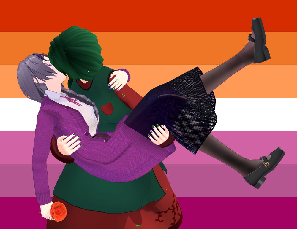 A picture of MsKittycore lifted off her feet by Magiternity, her legs kicking joyfully in the air as they kiss. Against a lesbian pride flag background, Kitty is holding a red rose while both wear their usual outfits, albeit hatless.