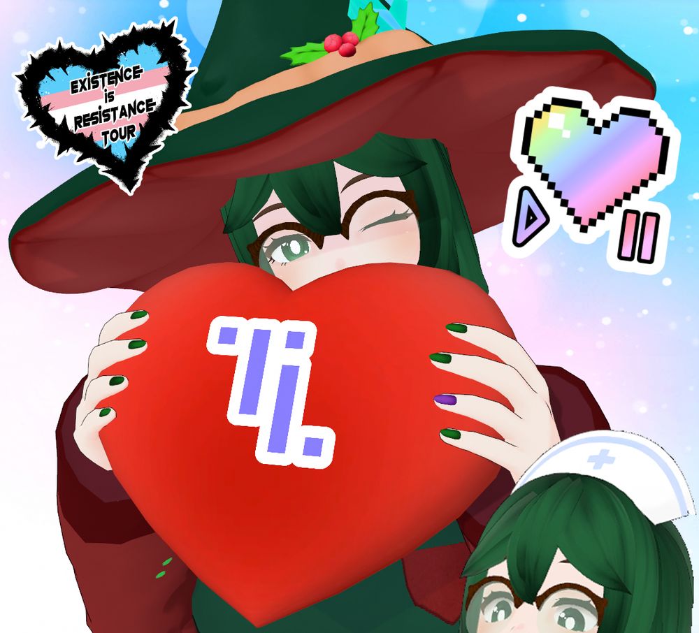 A graphic of Magi smiling, winking, and holding up a red heart with the Trans Lifeline logo on it against a transgender flag coloured background. The Diverse Hearts logo, the Existence is Resistance Tour logo, and a Nurse Magi peeking out from the bottom right.