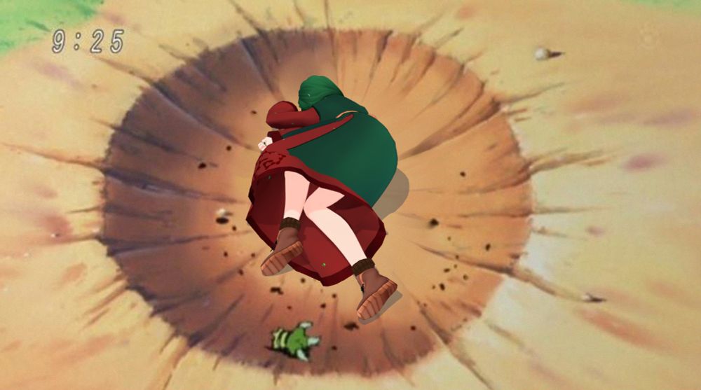 A picture of Magi in the classic Dead Yamcha pose, lying in the classic Dragon Ball Z crater without her witch hat.