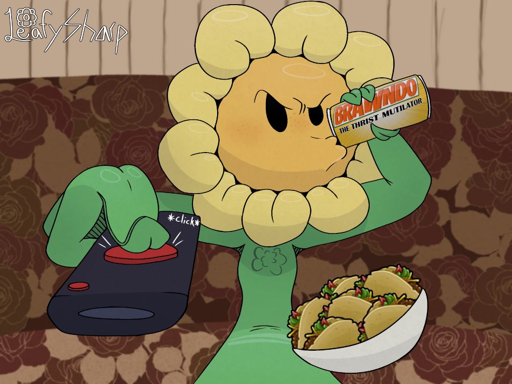 A digital drawing of the Sunflower from Plants vs. Zombies pointing a remote at the viewer with an annoyed expression, sipping on a Brawndo energy drink, and with a bowl of tacos on their lap.