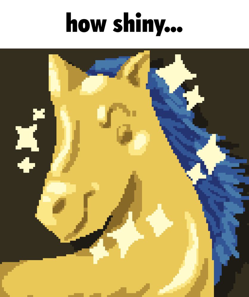 shiny as a horse with the caption "how shiny..." as a reference to the "how hungry..." gif