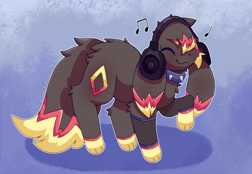 art of an umbreon with dark brown fur, paws tipped with light red and yellow, with fishnet-like arm warmers on their forepaws. They have four sided diamonds instead of circles as their lights on their hinds and shoulders, coloured with yellow and light red. Their tail is very fluffy and sways to the bottom, tipped with light red and yellow. They have hair tufts that cover their left eye, with light red and yellow tips. They have loppy fluffy ears that droop down and are also tipped with light red and yellow. They are wearing a spiked collar around their neck, as well as headphones around their head, above their loppy ears. They look to be enjoying some music.