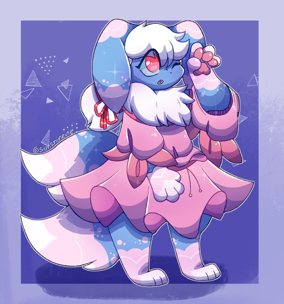 Illustration of a trans-fem meowstic with pink tips on her loppy ears, tail, and paws. She has white accents on her pink tips, as well as some pink spots on her fur, near the tips. She has long white hair, with a ponytail tied with a red ribbon. Her eyes are light turquoise blue and red. She is wearing a light pink dress with a sakura motif on the arms. The background is a painted gradient going from light purple-ish blue to dark, with a darker gradient in the center. Theres a few shapes behind the meowstic, and a shadow below her.