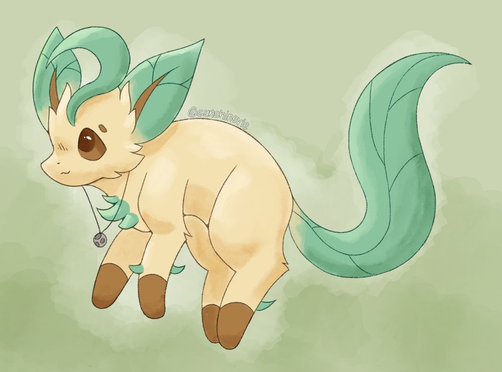 Drawing of Herb the leafeon, he's a very elegant leafeon with a moon pendant neckace. His leaves on his tail and ears are completely intact, with no cuts or scratches at all. The art is painted in a watercolor-like style. The background is a pastel green painted gradient. There is also a watermark around the leafeon's body with the text "@Sunshinevie".
