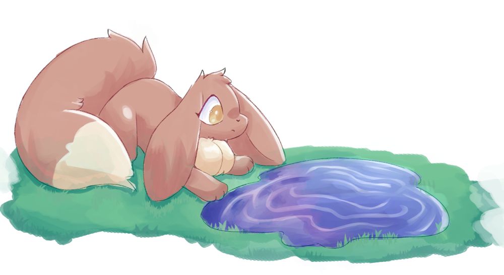 sketchy painting of an eevee looking down on a puddle