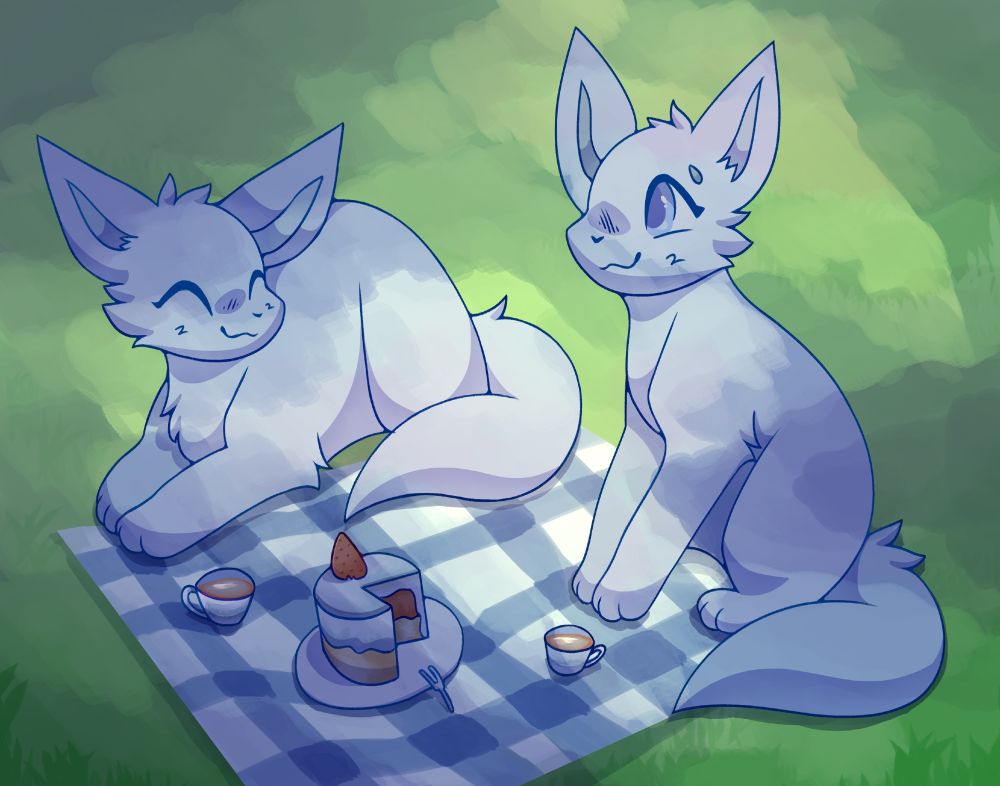 illustrated piece of two critters having a picnic on a cloudy grassy hill. There's a picnic cloth underneath them containing a plate with cake, and teacups filled with tea for the two of them.