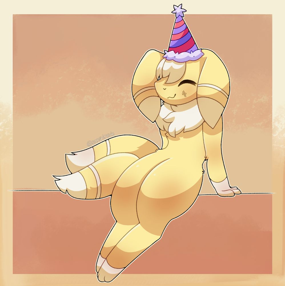 illustration of a shiny meowstic with bright yellow fur, and light yellow paws, eartips and tailtips. They have light yellow hairtufts and are wearing a party hat, sitting with a small smile.