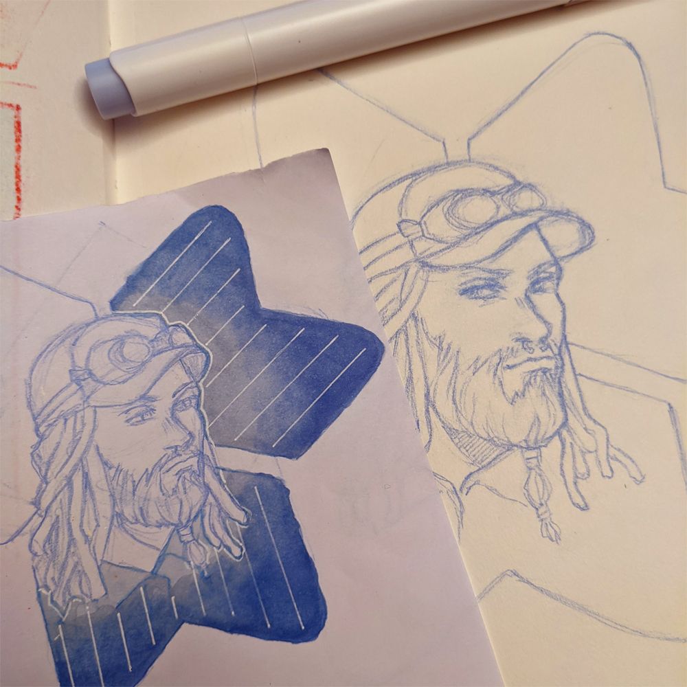 a picture of a test sketch for an inktober drawing of t-bone grady (raymond kenney) from the game watch_dogs, done in blue graphite pencil and ohuhu alcohol markers.